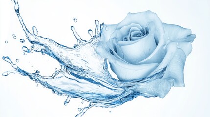 A rose made entirely of water splashes on a white background, representing beauty and fluidity, water art, floral design, splash effect