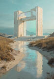 Surreal, geometric building complex in a serene beach landscape, featuring pastel tones, iridescent style, bright light effects, and a dreamlike ambiance with a holographic background