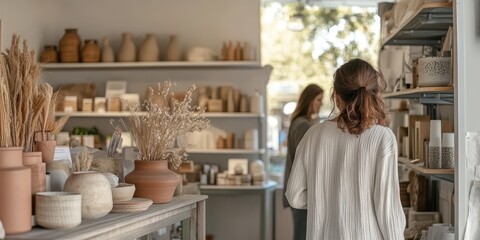 A serene pottery shop filled with handcrafted items and natural decor, ideal for artistic inspiration and home styling.