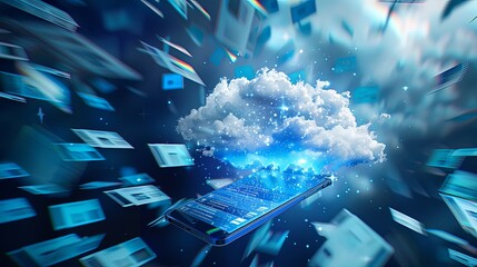 A vibrant depiction of a smartphone syncing with a digital cloud, symbolizing the vastness of cloud storage and the transfer of data to the digital realm.