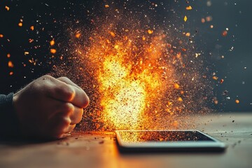 A close-up of a persons clenched fist on the desk beside a phone showing the anger and frustration caused by cyberbullying