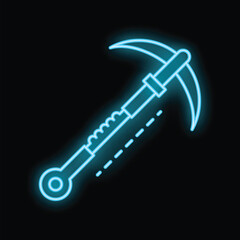 Poster - Blue neon icon of an ice axe glowing on a black background