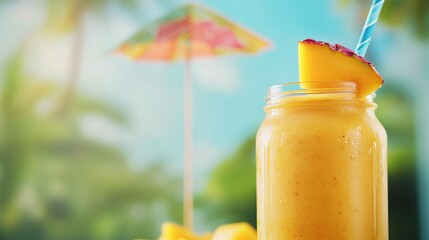 Poster - A refreshing mango smoothie in a mason jar with a slice of mango and a straw, with a blurred tropical background.