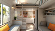 © DELstudio - Modern tiny house interior with compact, space-saving furniture and smart storage solutions, emphasizing the trend of reducing living space