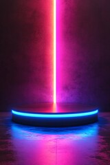 Wall Mural - A circular platform with a blue neon rim sits in front of a textured wall with a pink neon beam of light shooting down from the top.