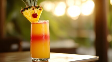 A refreshing orange and red layered cocktail garnished with a pineapple slice and cherry on a wooden table.