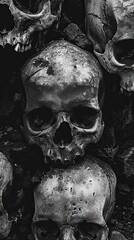 Wall Mural - A collection of black and white images of skulls, Halloween elements, Happy Hallowee