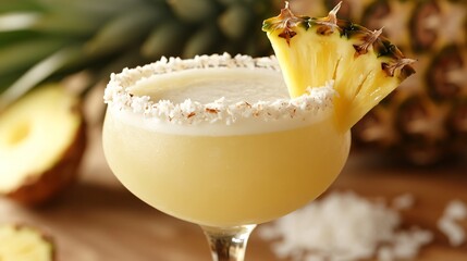 Poster - A refreshing pineapple cocktail garnished with a pineapple wedge and a rim of white coconut flakes, with a blurred background of a whole pineapple.