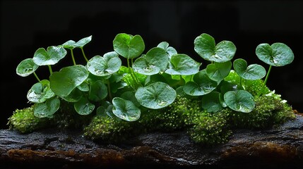 Sticker - Lush Green Leaves and Moss on Wood: A Close-Up View of Nature's Beauty