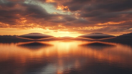 Canvas Print - A sunset over a body of water with three large, white