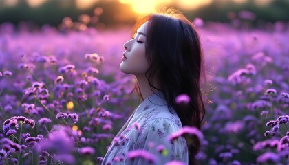 Wall Mural - Enchanting woman in a purple flower field exuding tranquility and serenity, enhanced by Generative AI creativity