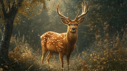 Sticker - Majestic Deer in a Sunlit Forest - Wildlife Photography