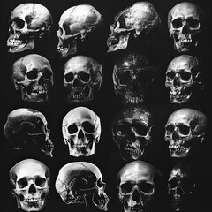 Wall Mural - A collection of black and white images of skulls, Halloween elements, Happy Hallowee