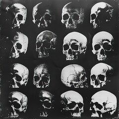 Wall Mural - A collection of black and white images of skulls, Halloween elements, Happy Hallowee