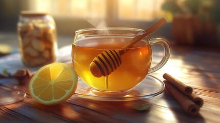 Poster - A steaming cup of tea with honey and lemon on a wooden table.