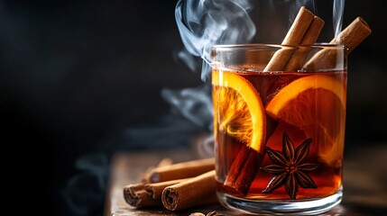 Poster - A steaming glass of mulled wine with cinnamon sticks, orange slices, and star anise on a wooden table.