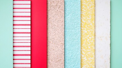Poster - Vibrant Textured Backgrounds, a collection of colored backdrops featuring striped, polka-dotted, and abstract patterns in red, blue, green, and yellow, creating a dynamic visual display.