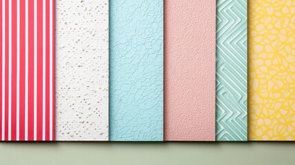 Poster - Vibrant Textured Backgrounds, an array of colorful patterns featuring red and white stripes, blue and white swirls, green and yellow designs, displayed in a seamless row.