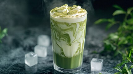 Sticker - A tall glass of green matcha latte with a layer of milk foam and green tea powder on top, on a black background with ice cubes and green leaves.