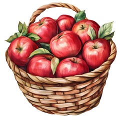 Canvas Print - Watercolor illustration of a basket full of red apples with leaves.