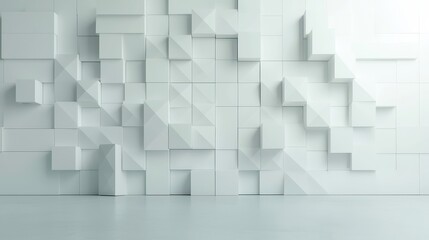 Poster - Futuristic High-Tech Interior, showcasing a light backdrop, featuring a diamond-shaped block structure and a textured wall adorned with a 3D diamond tile pattern.