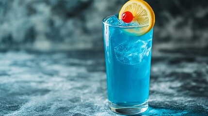 Poster - Blue cocktail in a glass with lemon and cherry garnish.