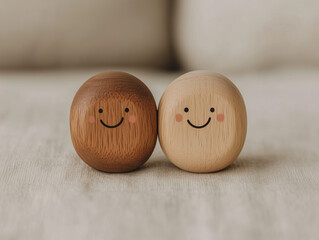 cute wooden smiley face figurines, one brown and one white