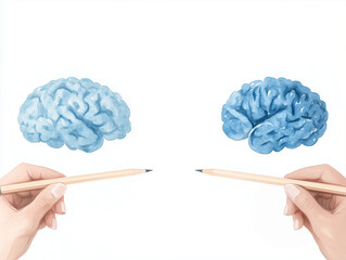 hands drawing brains facing each other, creativity concept