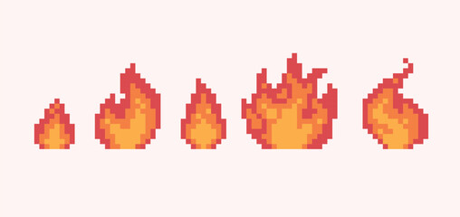Wall Mural - fire and flames pixel art icon set. flare sparkles, ignitions logo collection. 8-bit sprite. game de