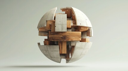 Poster - Wood and Concrete Fusion Sphere, an innovative design featuring a harmonious blend of organic wood grain and sleek concrete surfaces in a captivating abstract form