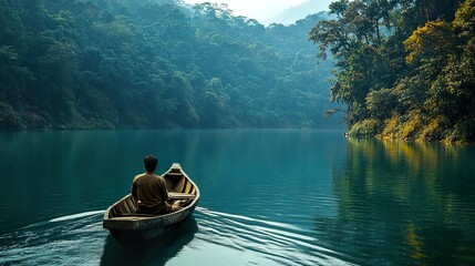 Wall Mural - Serene Lake View with a Man Rowing a Boat