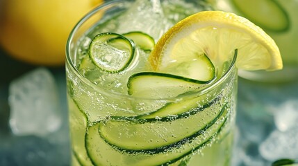 Wall Mural - Close up of a glass of cucumber and lemon water with ice.