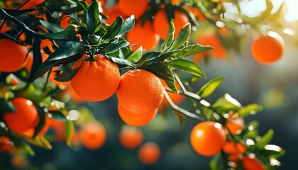 Wall Mural - radiant close-up of ripe oranges on tree with warm light illuminating their vibrant skin