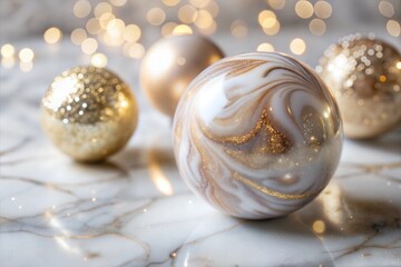 Poster - Christmas ornaments on marble background with golden and white decorations