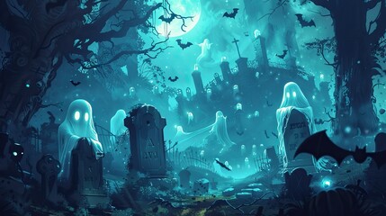 A spooky Halloween scene featuring ghosts bats and gravestones, Halloween elements, Happy Halloween
