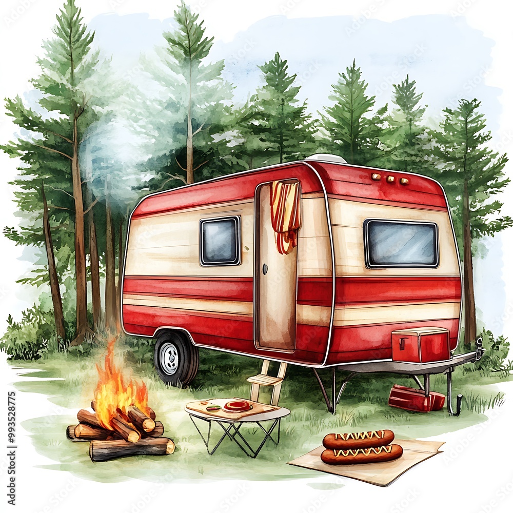 Watercolor Illustration of a Vintage Camper Van in the Woods with a ...