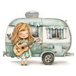 © NatthaphonSiri - Cute Girl Playing Guitar by a Vintage Camper.