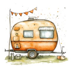 Wall Mural - Watercolor illustration of a vintage camper van with bunting flags.