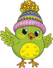 Coloring page outline of cartoon smiling cute little bird. Colorful vector illustration, winters coloring book for kids.