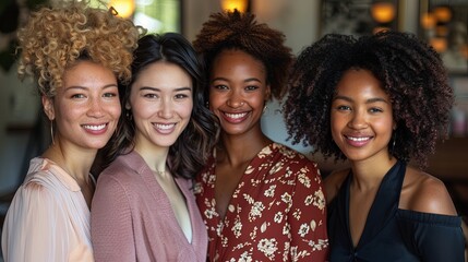 Four women with curly hairstyles stand side by side, smiling brightly in a cheerful setting, representing friendship, joy, and diverse beauty in modern portraiture.