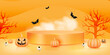 © Tonmoy - Halloween holiday product sale promotion realistic banner design with a podium. Happy Halloween 3D rendered podium design with pumpkins. tree, bats, and cloude. Halloween product showcase vector.