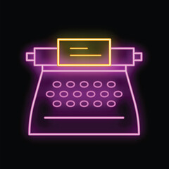 Poster - Neon sign showing a vintage typewriter for writing glowing on dark background