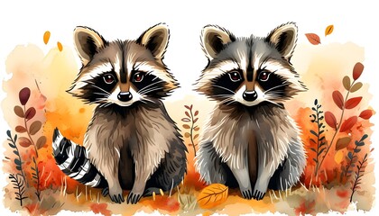 Whimsical Watercolor Cartoon of Two Raccoons Enjoying an Autumn Garden