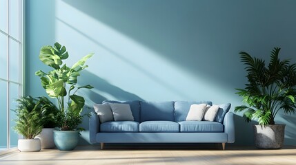 Wall Mural - Minimalist living room with light blue wall, blue sofa, indoor plants, wooden floor, pastel color scheme, Scandinavian design, natural light, contemporary furniture.