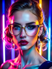 Wall Mural - Glamour and style shine through with a young woman in neon lights, trendy glasses, and vibrant makeup.