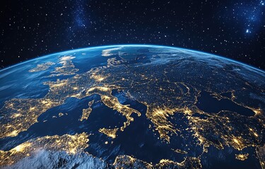 Wall Mural - earth with night lights and stars over europe.