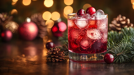 A Glass of Christmas Holiday Cheer with Ice Cubes
