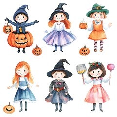 Canvas Print - Adorable Watercolor Illustration of Children Dressed in Halloween Costumes.