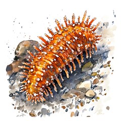 Wall Mural - Watercolor illustration of a sea cucumber on a bed of pebbles.