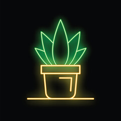 Sticker - Glowing neon green plant in pot on black background, great for minimalist botanical designs